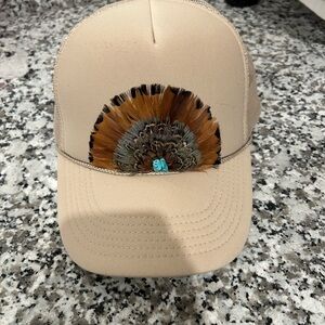 Tan Feather-Embellished Women's Hat